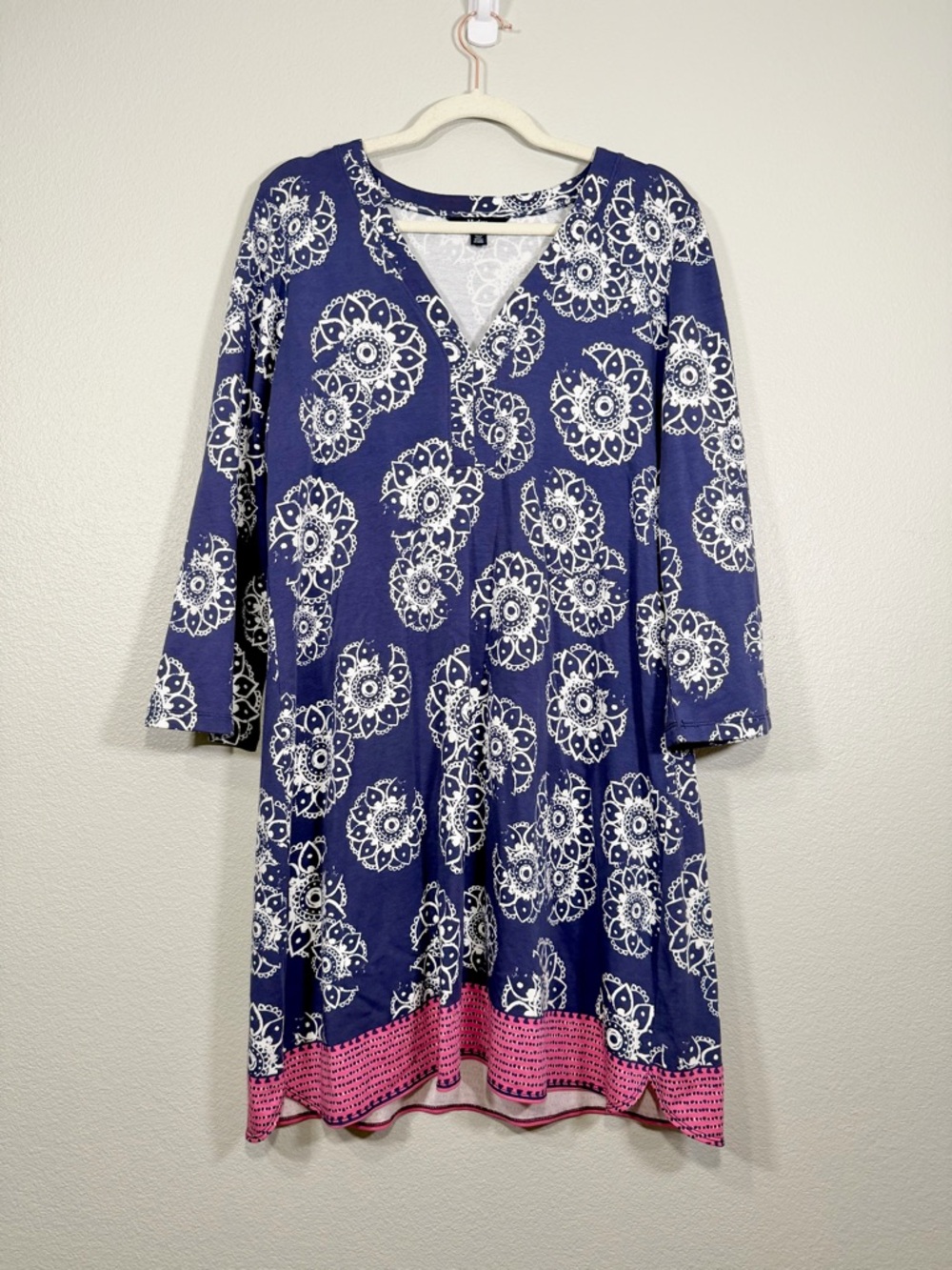 Hatley Dress Navy Blue Floral V-Neck Tunic Dress Pink Hem Cotton Blend Women XL